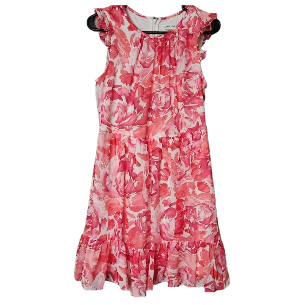 Calvin Klein Chiffon Dress Watercolor Fuchsia Pink - White size 10P petite
